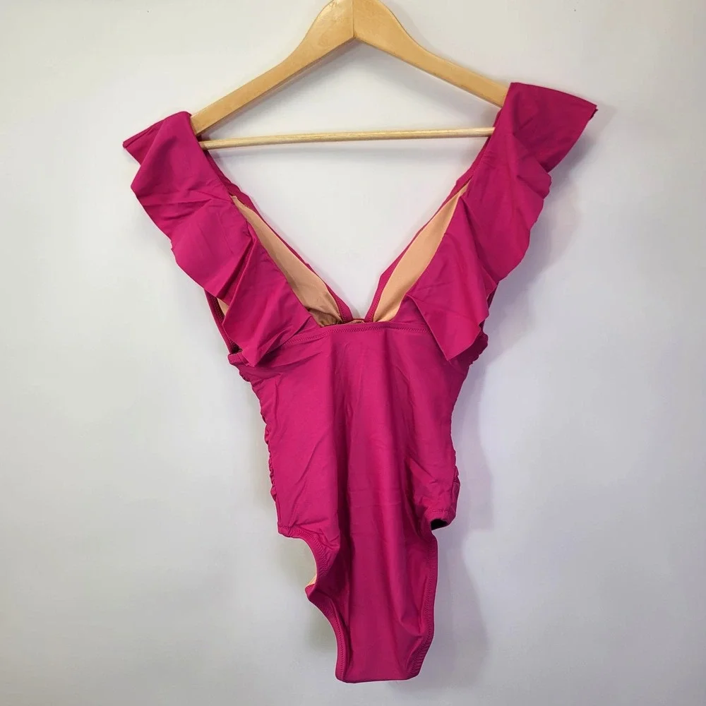 J. Crew Ruched Ruffle One Piece Swimsuit Size 4 Pink Deep V Neck NWT - Picture 3 of 5